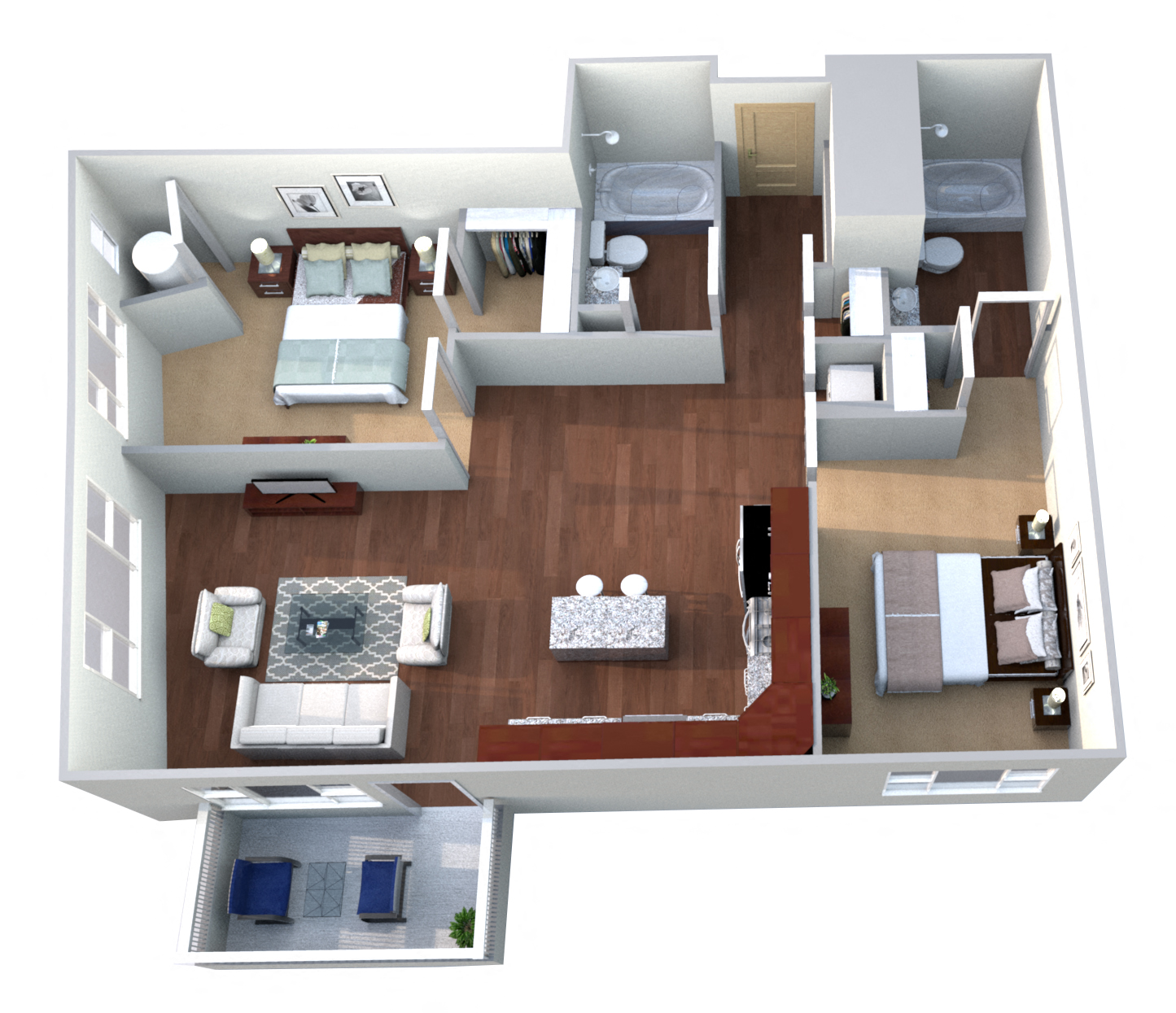 Floor plan for 2 beds, 2 baths, 1159 sqft